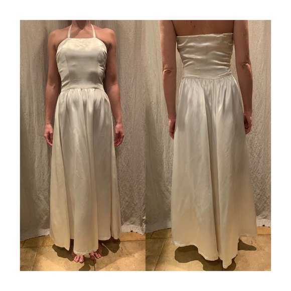 Silk 1940s Vintage Satin Ivory XS Small Halterneck Low-Back Fit Flare Maxi Dress - Picture 3 of 10